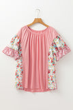 Plus Size Floral Patchwork Ruffled Short Sleeve Blouse