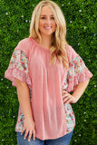 Plus Size Floral Patchwork Ruffled Short Sleeve Blouse