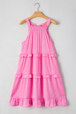 Smocked Neck Knot Back Tiered Sleeveless Mini Dress