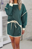 Contrast Loose Pullover and Lace-up Waist Skort Set