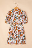 Abstract Printed Puff Sleeve Button Up Braided Belt Mini Dress