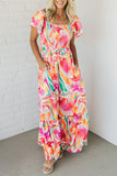 Abstract Print Cap Sleeve Smocked Bust Maxi Dress
