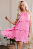 Smocked Neck Knot Back Tiered Sleeveless Mini Dress