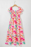 Abstract Print Cap Sleeve Smocked Bust Maxi Dress