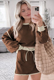 Contrast Loose Pullover and Lace-up Waist Skort Set