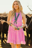 Smocked Neck Knot Back Tiered Sleeveless Mini Dress