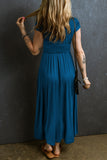V Neck Cap Sleeve Shirred High Waist Maxi Bridesmaid Dress