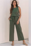 Buttoned Drawstring Waist Sleeveless Wide Leg Jumpsuit