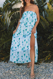Floral Print Ruffled Side Slit Tube Top Maxi Dress
