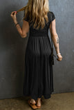 V Neck Cap Sleeve Shirred High Waist Maxi Bridesmaid Dress