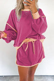 Contrast Loose Pullover and Lace-up Waist Skort Set
