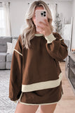 Contrast Loose Pullover and Lace-up Waist Skort Set