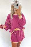 Contrast Loose Pullover and Lace-up Waist Skort Set