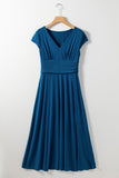 V Neck Cap Sleeve Shirred High Waist Maxi Bridesmaid Dress