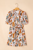 Abstract Printed Puff Sleeve Button Up Braided Belt Mini Dress