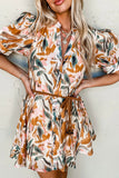 Abstract Printed Puff Sleeve Button Up Braided Belt Mini Dress