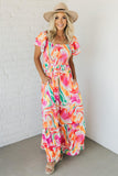 Abstract Print Cap Sleeve Smocked Bust Maxi Dress