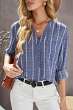 Striped V Neck Pocket Long Sleeve Top