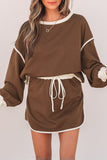 Contrast Loose Pullover and Lace-up Waist Skort Set