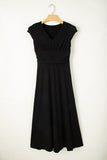 V Neck Cap Sleeve Shirred High Waist Maxi Bridesmaid Dress