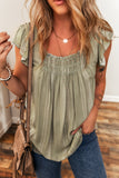 Ruffled Sleeve Shirred Round Neck Loose Fit Tank Top