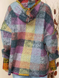 Multicolor Brushed Plaid Buttoned Pullover Oversized Hoodie