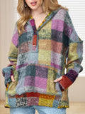 Multicolor Brushed Plaid Buttoned Pullover Oversized Hoodie