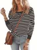 Striped Print Ribbed Trim Long Sleeve Top