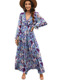 V-neck Bubble Long Sleeve Ruffle Tiered Maxi Dress