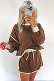Contrast Loose Pullover and Lace-up Waist Skort Set