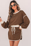 Contrast Loose Pullover and Lace-up Waist Skort Set