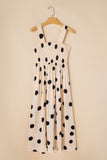 Polka Dot Smocked Fit Flared Sleeveless Long Dress
