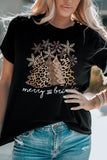 Leopard Christmas Tree Graphic Crew Neck T Shirt