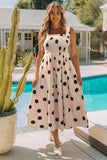 Polka Dot Smocked Fit Flared Sleeveless Long Dress