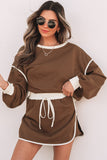 Contrast Loose Pullover and Lace-up Waist Skort Set