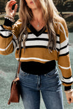 Stripe Contrast Stripes V Neck Textured Knit Sweater