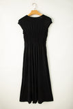 V Neck Cap Sleeve Shirred High Waist Maxi Bridesmaid Dress