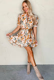 Abstract Printed Puff Sleeve Button Up Braided Belt Mini Dress