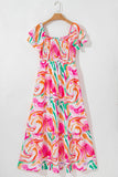 Abstract Print Cap Sleeve Smocked Bust Maxi Dress