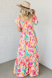 Abstract Print Cap Sleeve Smocked Bust Maxi Dress