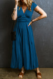 V Neck Cap Sleeve Shirred High Waist Maxi Bridesmaid Dress