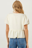 Textured Bow Ties Front Bubble Hem Puff Short Sleeve Blouse