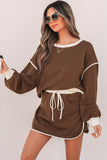 Contrast Loose Pullover and Lace-up Waist Skort Set
