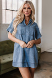 Short Sleeve Collared Patched Pocket Denim Mini Dress