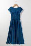 V Neck Cap Sleeve Shirred High Waist Maxi Bridesmaid Dress