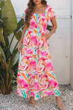 Abstract Print Cap Sleeve Smocked Bust Maxi Dress