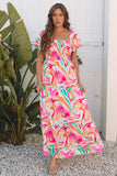 Abstract Print Cap Sleeve Smocked Bust Maxi Dress