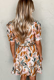 Abstract Printed Puff Sleeve Button Up Braided Belt Mini Dress