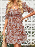 Square Neck Puff Sleeve Floral Mini Dress