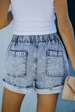 Sky Blue Pocketed Drawstring High Waist Denim Shorts